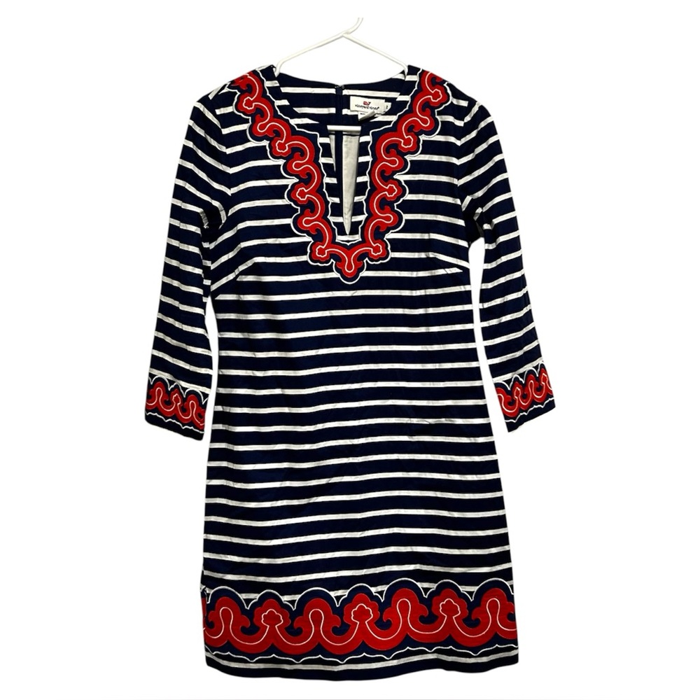 Vineyard Vines Navy White Stripe Tunic Shift Dress Red Embroidered Size 2